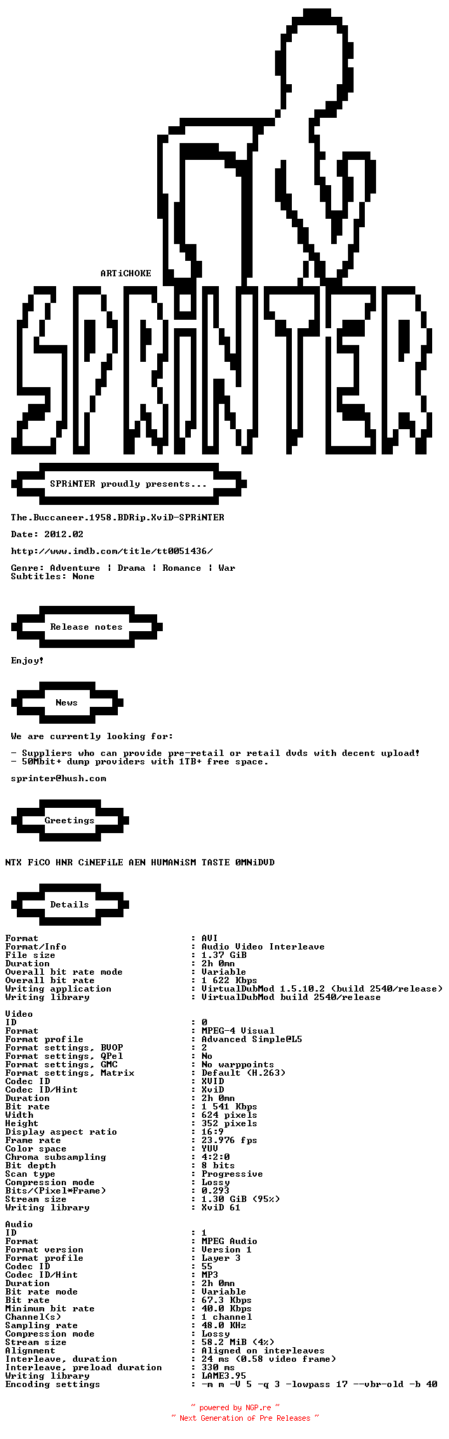 NFO for the release The.Buccaneer.1958.BDRip.XviD-SPRiNTER by SPRiNTER