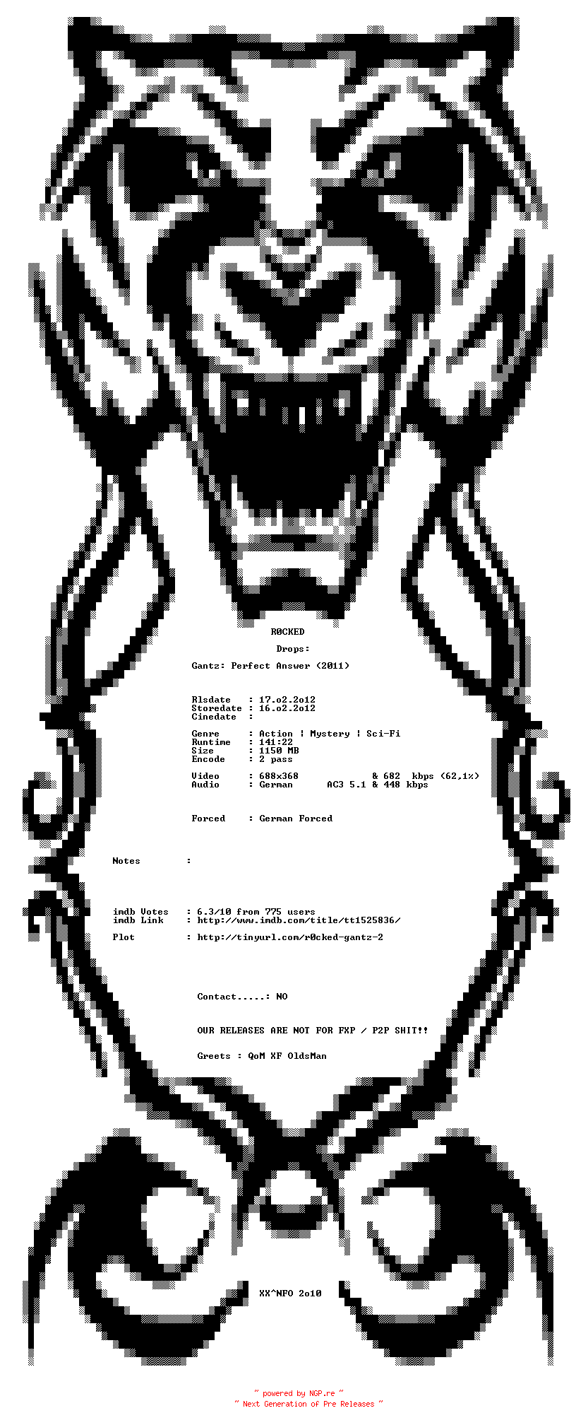 NFO for the release Gantz.Die.Ultimative.Antwort.German.2011.AC3.BDRiP.XviD-R0CKED by R0CKED