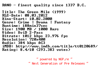 NFO for the release The.Green.Mile.German.1999.AC3.BDRiP.XviD.iNTERNAL-RANOCLASSiCS by RANOCLASSiCS