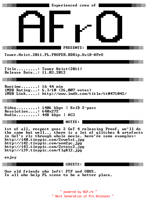 NFO for the release Tower.Heist.2011.PL.PROPER.BDRip.XviD-AFrO by AFrO