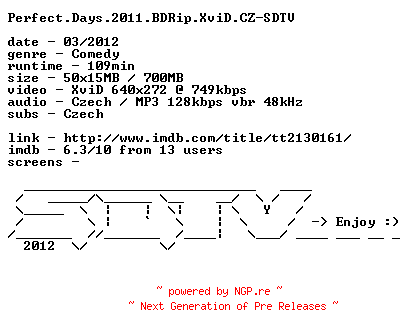 NFO for the release Perfect.Days.2011.BDRip.XviD.CZ-SDTV by SDTV