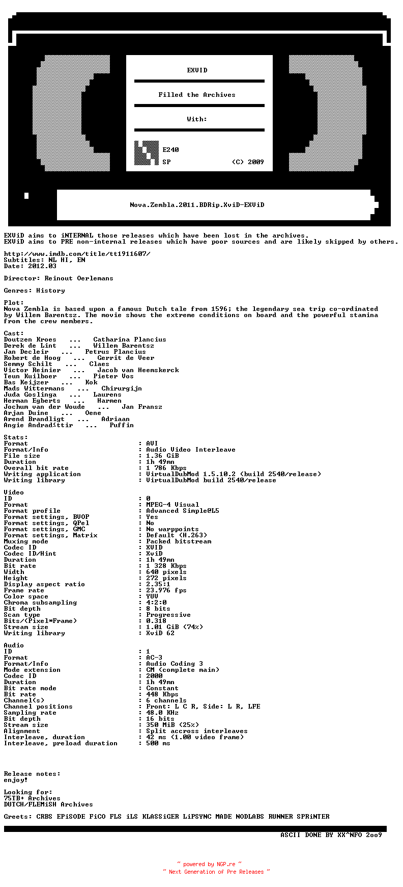 NFO for the release Nova.Zembla.2011.BDRip.XviD-EXViD by EXViD