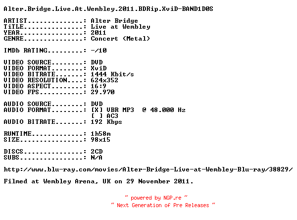 NFO for the release Alter.Bridge.Live.At.Wembley.2011.BDRip.XviD-BAND1D0S by BAND1D0S