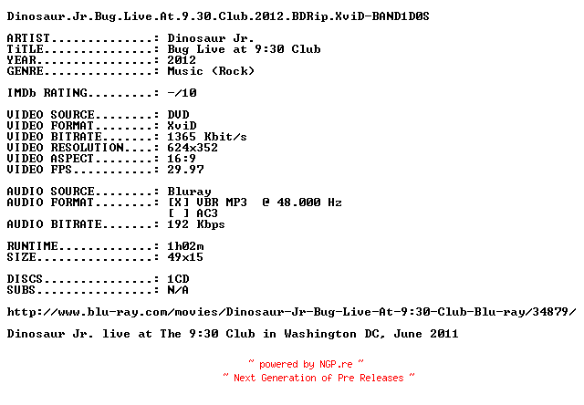 NFO for the release Dinosaur.Jr.Bug.Live.At.9.30.Club.2012.BDRip.XviD-BAND1D0S by BAND1D0S