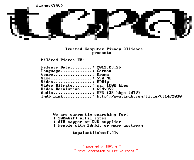 NFO for the release Mildred.Pierce.E04.German.Dubbed.BDRip.XviD-TCPA by TCPA