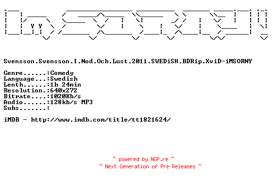 NFO for the release Svensson.Svensson.I.Nod.Och.Lust.2011.SWEDiSH.BDRip.XviD-iMSORNY by iMSORNY