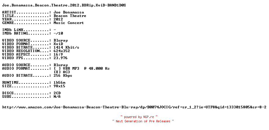 NFO for the release Joe.Bonamassa.Beacon.Theatre.2012.BDRip.XviD-BAND1D0S by BAND1D0S