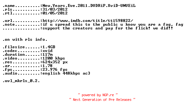 NFO for the release New.Years.Eve.2011.BDRiP.XviD-UNVEiL by UNVEiL