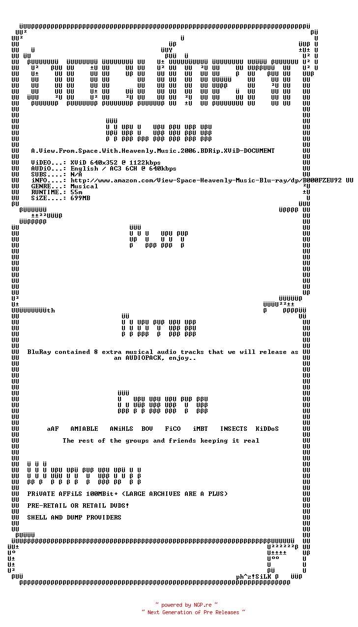 NFO for the release A.View.From.Space.With.Heavenly.Music.2006.BDRip.XViD-DOCUMENT by DOCUMENT