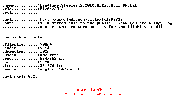NFO for the release Deadtime.Stories.2.2010.BDRip.XviD-UNVEiL by UNVEiL