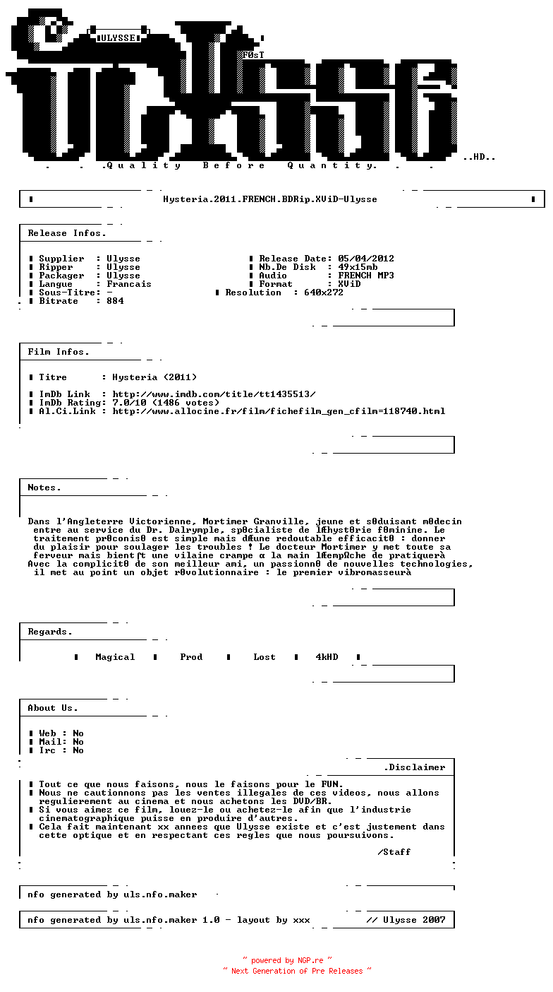 NFO for the release Hysteria.2011.FRENCH.BDRip.XViD-Ulysse by Ulysse