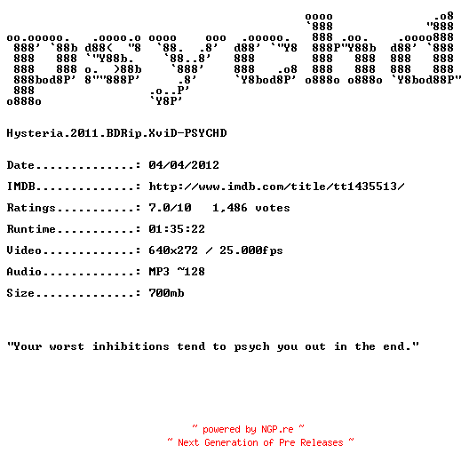 NFO for the release Hysteria.2011.BDRip.XviD-PSYCHD by PSYCHD