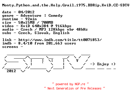 NFO for the release Monty.Python.and.the.Holy.Grail.1975.BDRip.XviD.CZ-SDTV by SDTV