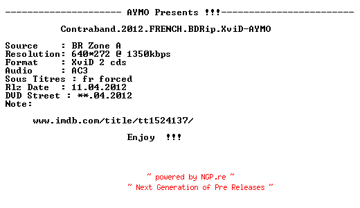 NFO for the release Contraband.2012.FRENCH.BDRip.XviD-AYMO by AYMO