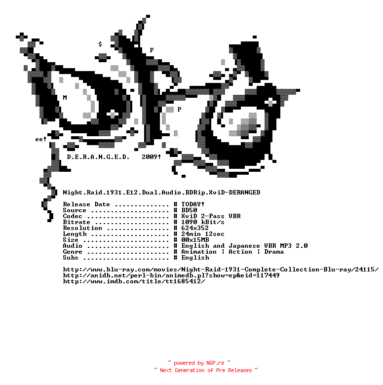 NFO for the release Night.Raid.1931.E12.Dual.Audio.BDRip.XviD-DERANGED by DERANGED