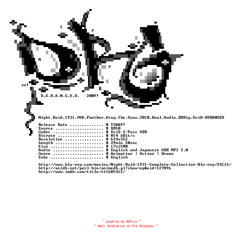 NFO for the release Night.Raid.1931.OVA.Panther.Atop.The.Snow.2010.Dual.Audio.BDRip.XviD-DERANGED by DERANGED