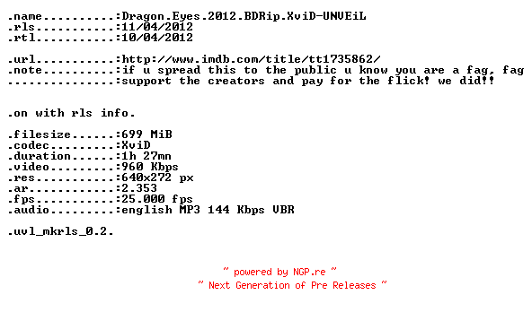 NFO for the release Dragon.Eyes.2012.BDRip.XviD-UNVEiL by UNVEiL