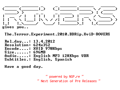 NFO for the release The.Terror.Experiment.2010.BDRip.XviD-ROVERS by ROVERS