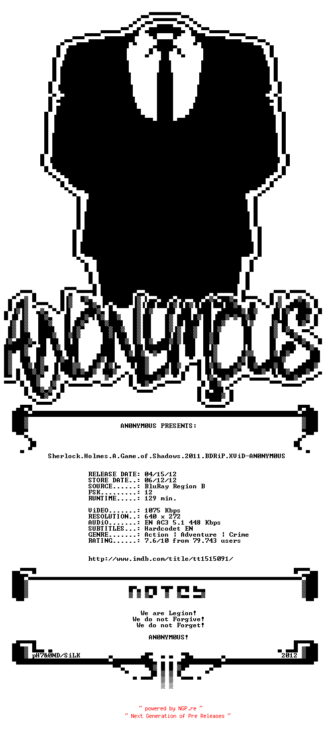 NFO for the release Sherlock.Holmes.A.Game.of.Shadows.2011.BDRiP.XViD-AN0NYM0US by AN0NYM0US