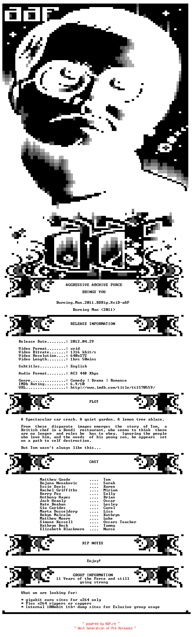 NFO for the release Burning.Man.2011.BDRip.XviD-aAF by aAF