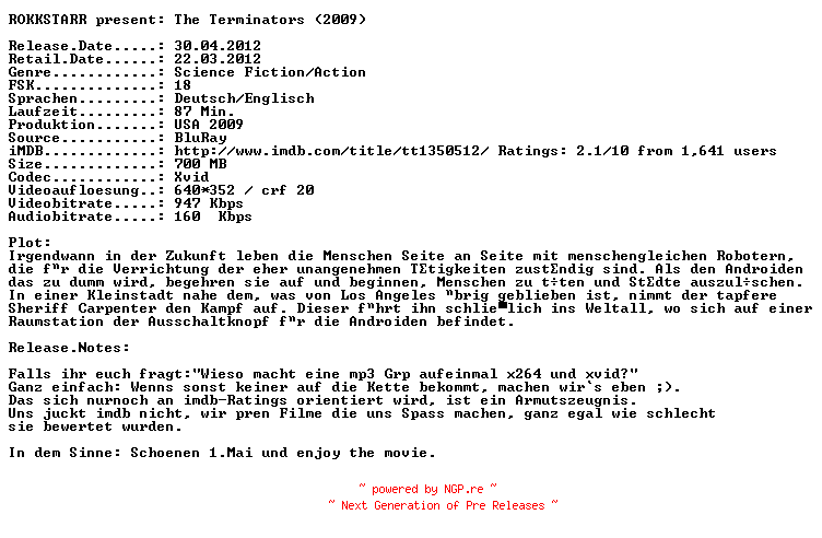 NFO for the release The.Terminators.German.2009.AC3.BDRip.XviD-ROKKSTARR by ROKKSTARR