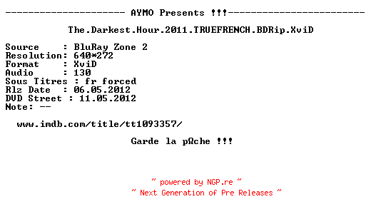 NFO for the release The.Darkest.Hour.2011.TRUEFRENCH.BDRip.XviD-AYMO by AYMO