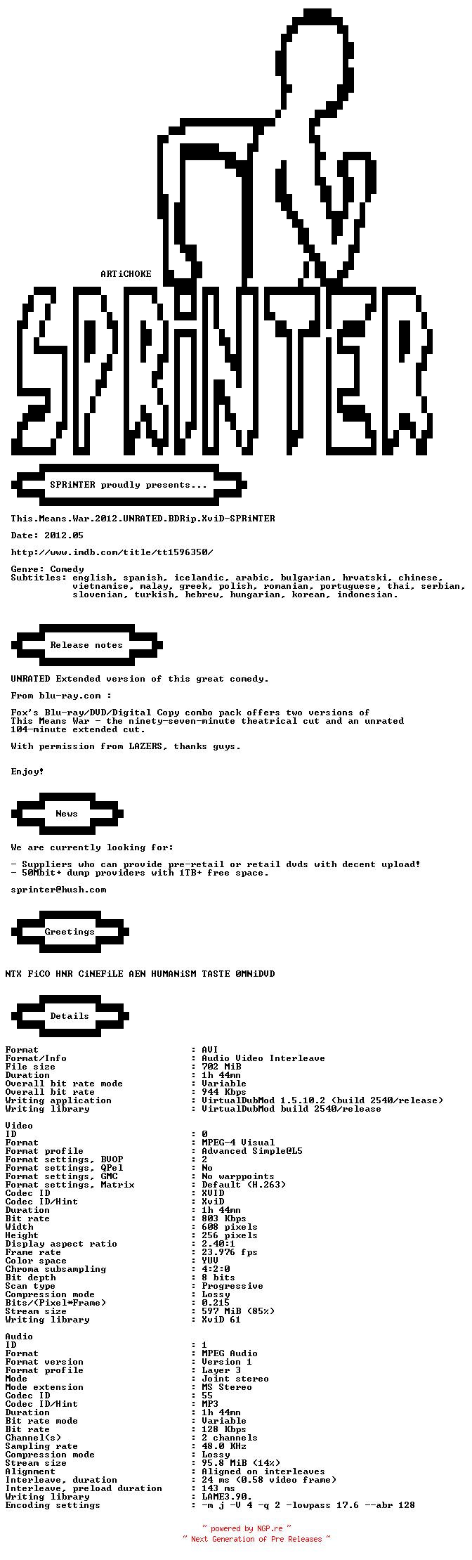 NFO for the release This.Means.War.2012.UNRATED.BDRip.XviD-SPRiNTER by SPRiNTER