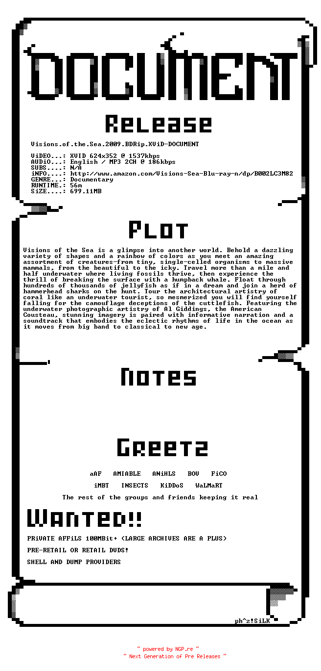 NFO for the release Visions.of.the.Sea.2009.BDRip.XViD-DOCUMENT by DOCUMENT