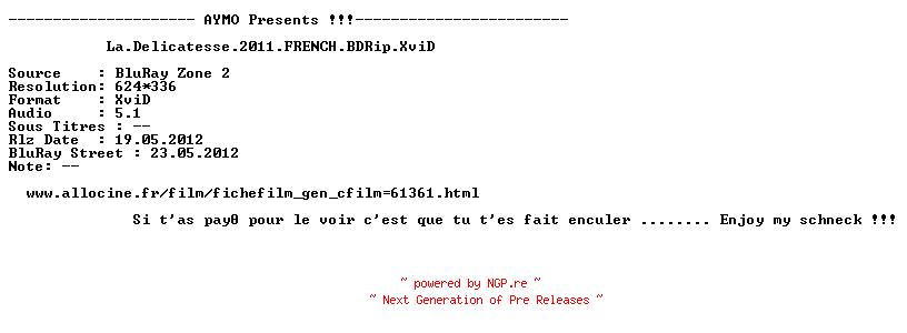 NFO for the release La.Delicatesse.2011.FRENCH.BDRip.XviD-AYMO by AYMO