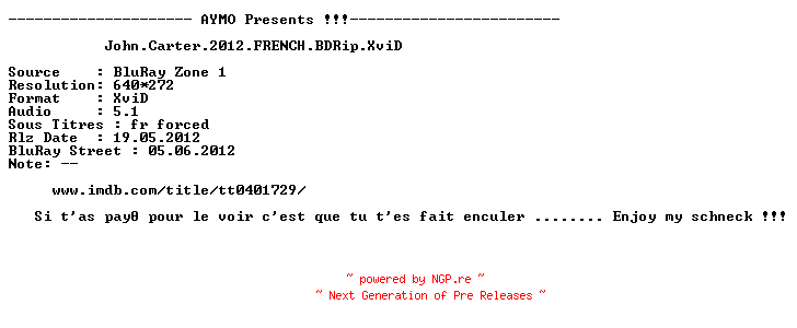NFO for the release John.Carter.2012.FRENCH.BDRip.XviD-AYMO by AYMO