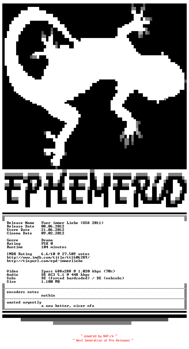 NFO for the release Fuer.immer.Liebe.German.AC3.BDRip.XviD-EPHEMERiD by EPHEMERiD