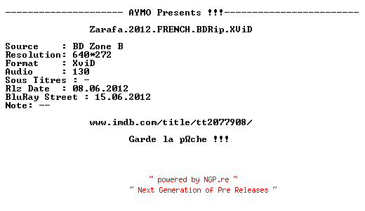 NFO for the release Zarafa.2012.FRENCH.BDRip.XViD-AYMO by AYMO
