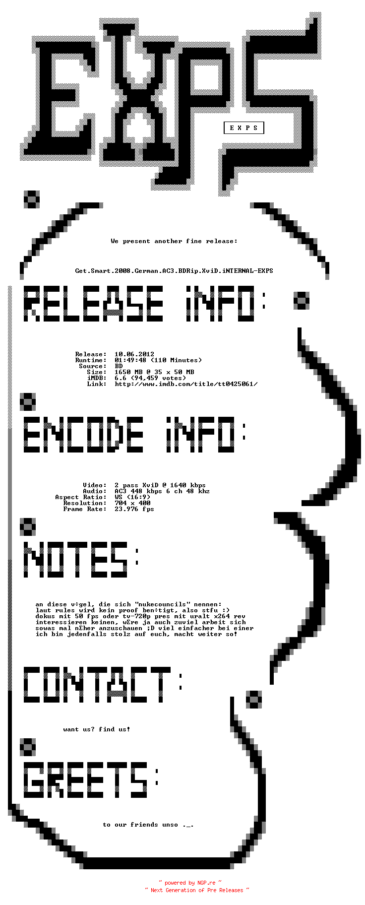 NFO for the release Get.Smart.2008.German.AC3.BDRip.XviD.iNTERNAL-EXPS by EXPS