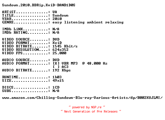 NFO for the release Sundown.2010.BDRip.XviD-BAND1D0S by BAND1D0S