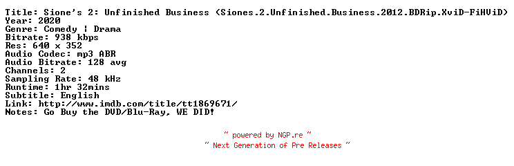 NFO for the release Siones.2.Unfinished.Business.2012.BDRip.XviD-FiHViD by FiHViD