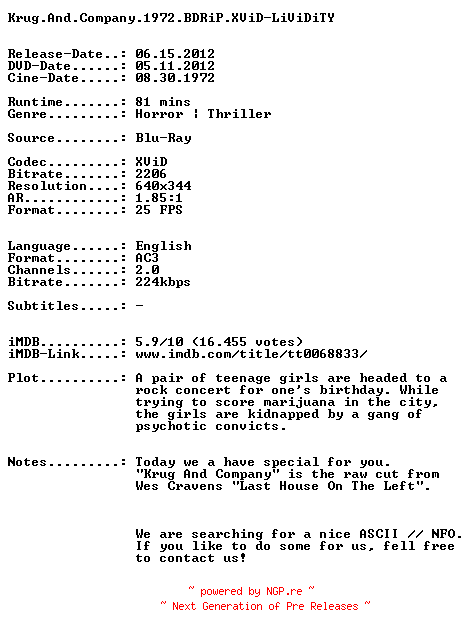 NFO for the release Krug.And.Company.1972.BDRiP.XViD-LiViDiTY by LiViDiTY