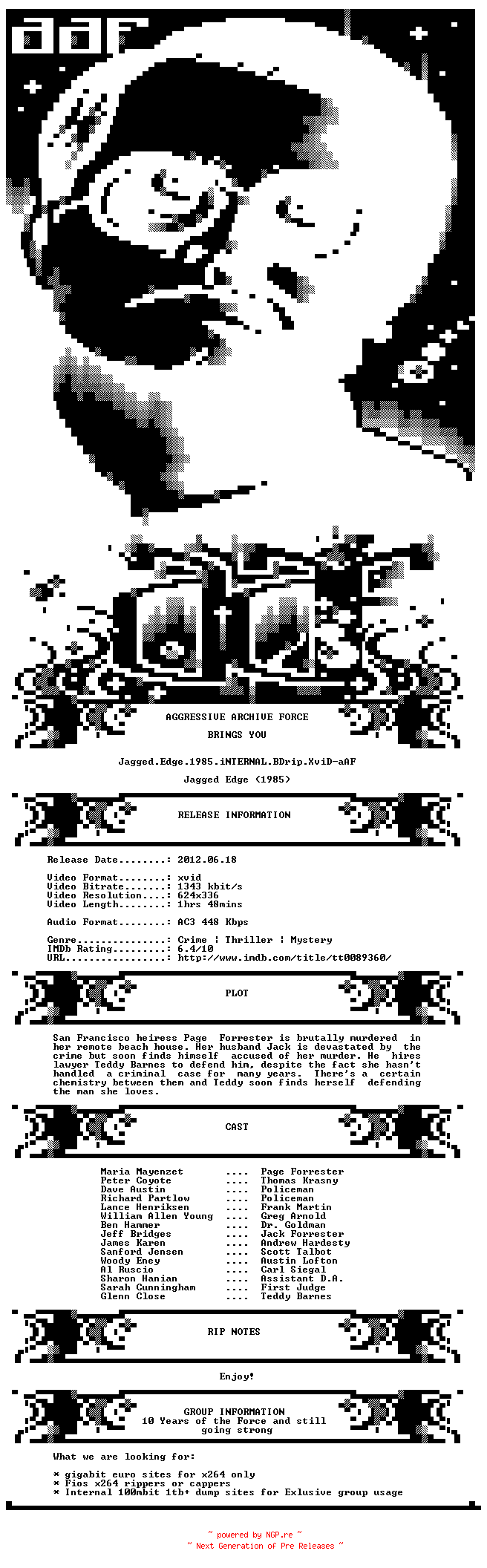 NFO for the release Jagged.Edge.1985.iNTERNAL.BDrip.XviD-aAF by aAF