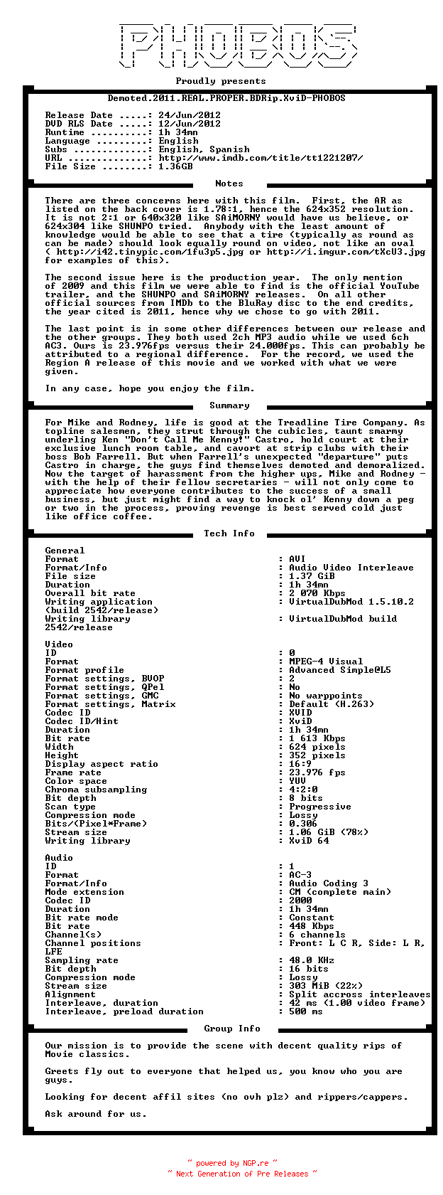NFO for the release Demoted.2011.REAL.PROPER.BDRip.XviD-PHOBOS by PHOBOS