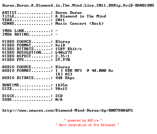 NFO for the release Duran.Duran.A.Diamond.in.The.Mind.Live.2011.BDRip.XviD-BAND1D0S by BAND1D0S
