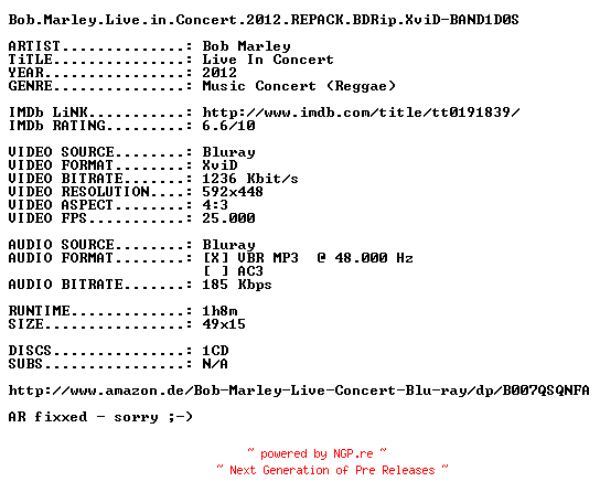 NFO for the release Bob.Marley.Live.in.Concert.2012.REPACK.BDRip.XviD-BAND1D0S by BAND1D0S