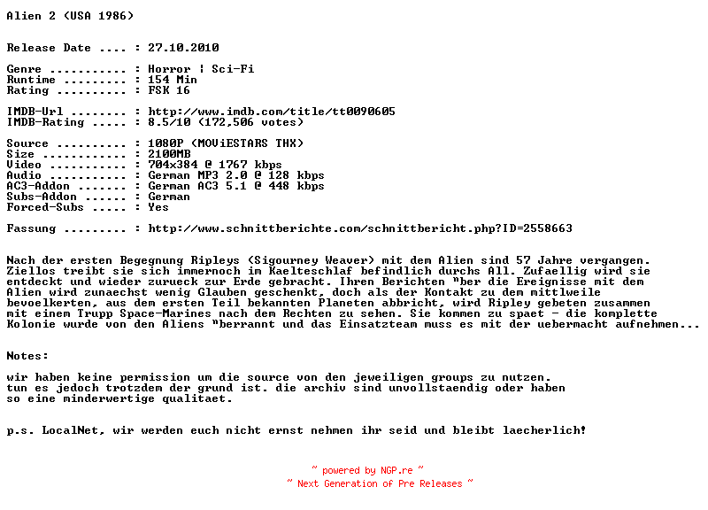 NFO for the release Aliens.Die.Rueckkehr.Directors.Cut.German.1986.BDRip.XviD-NQD by NQD