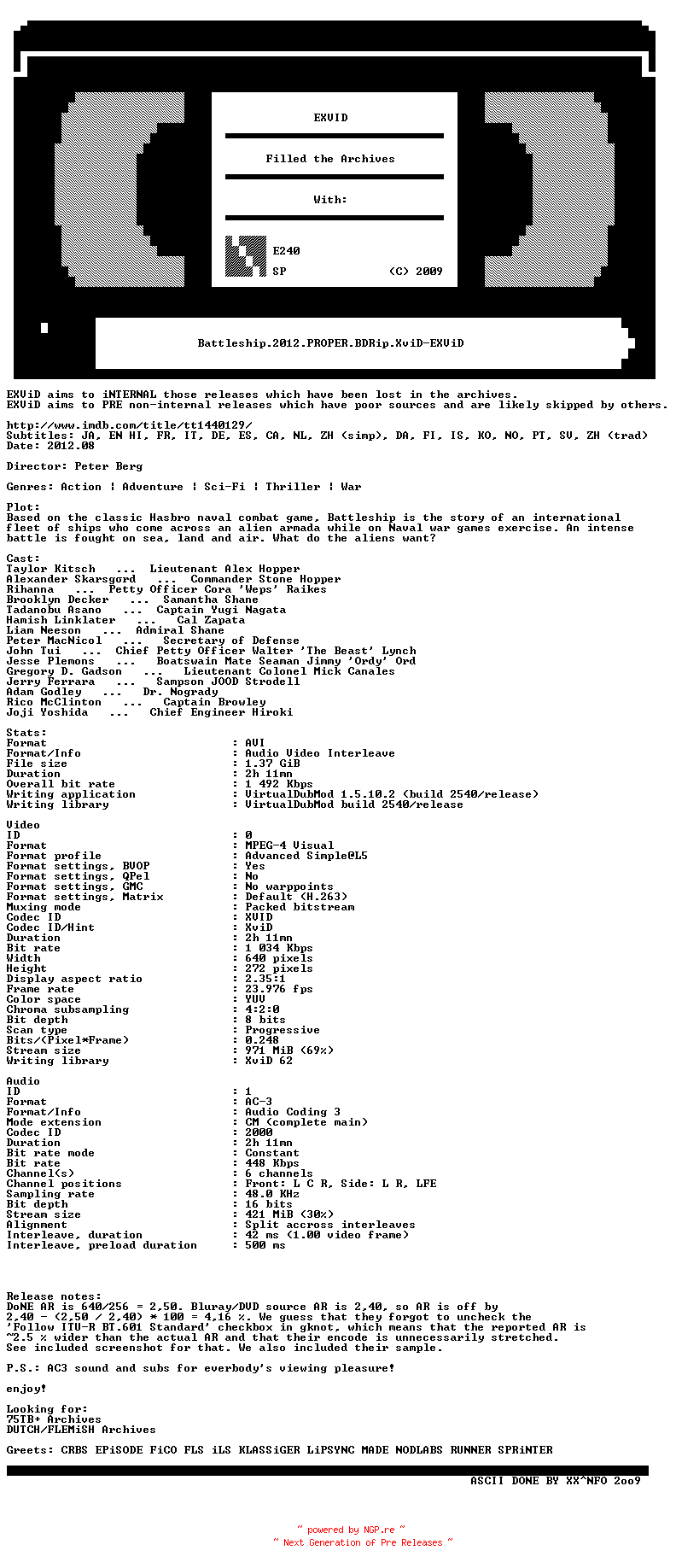 NFO for the release Battleship.2012.PROPER.BDRip.XviD-EXViD by EXViD