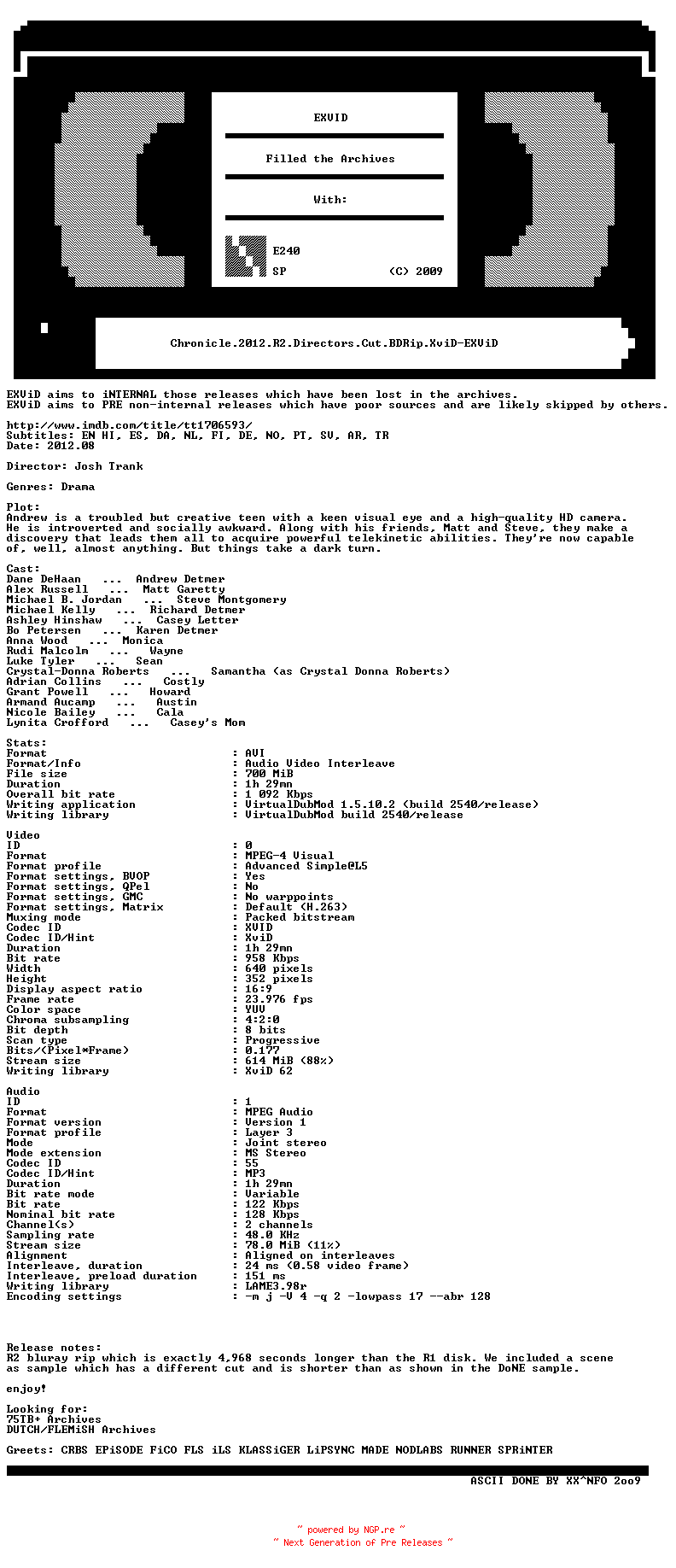 NFO for the release Chronicle.2012.R2.Directors.Cut.BDRip.XviD-EXViD by EXViD