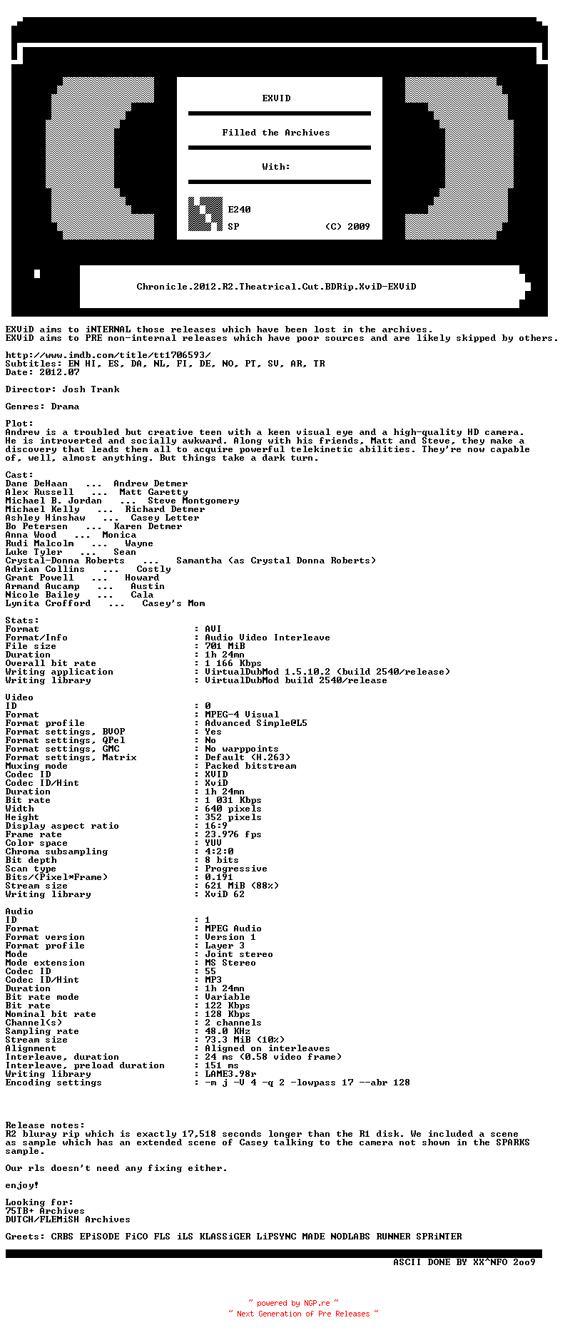 NFO for the release Chronicle.2012.R2.Theatrical.Cut.BDRip.XviD-EXViD by EXViD