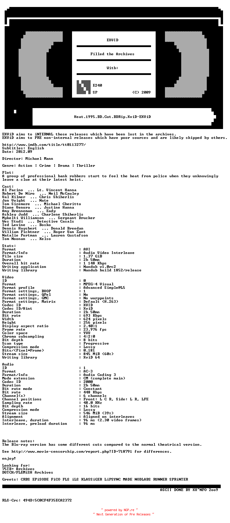 NFO for the release Heat.1995.BD.Cut.BDRip.XviD-EXViD by EXViD