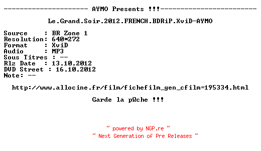 NFO for the release Le.Grand.Soir.2012.FRENCH.BDRip.XviD-AYMO by AYMO