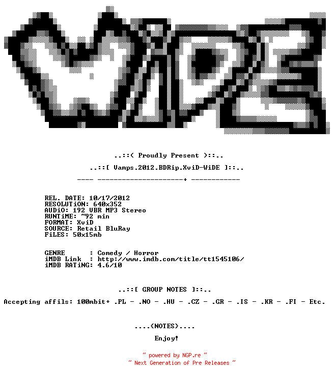 NFO for the release Vamps.2012.BDRip.XviD-WiDE by WiDE