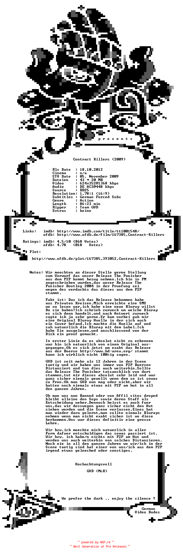NFO for the release Contract.Killers.German.2009.AC3.BDRiP.XviD.iNTERNAL.READNFO-GVD by GVD