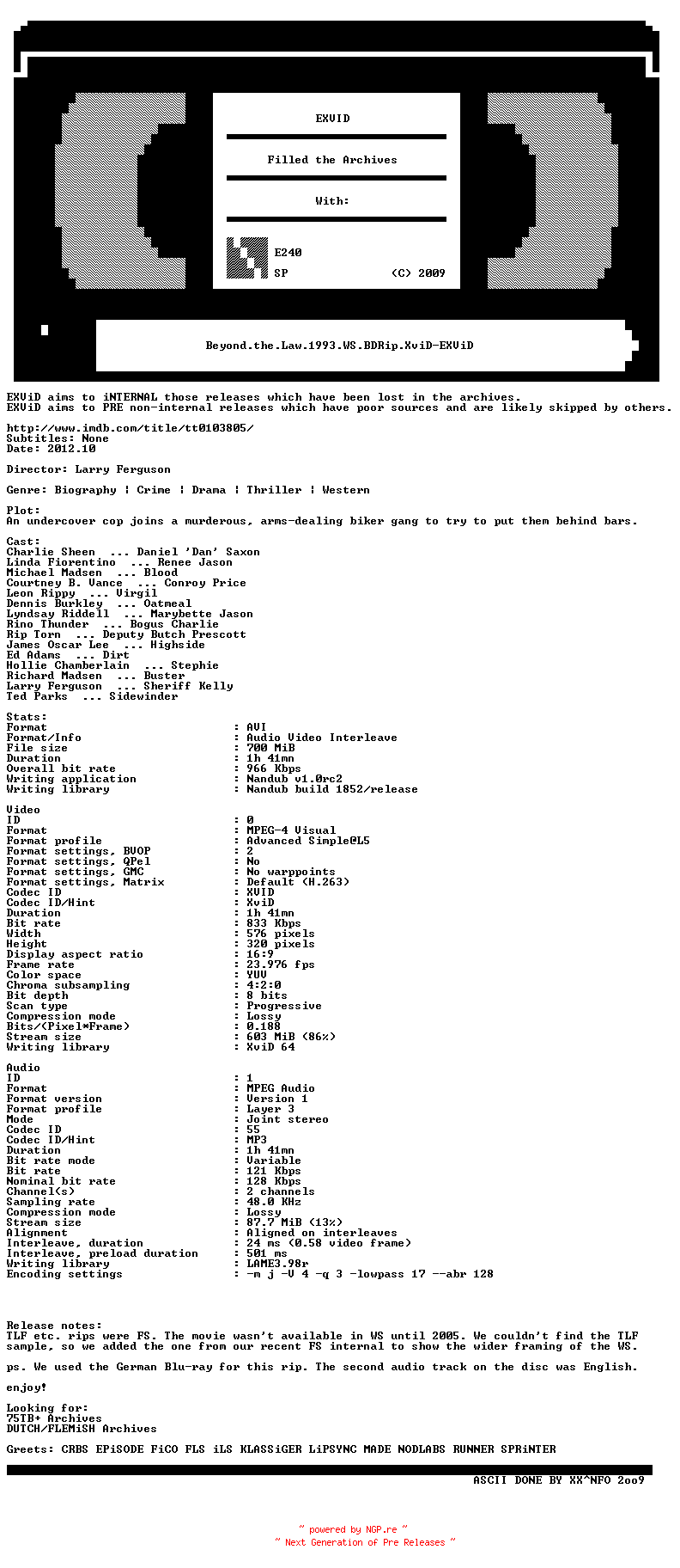 NFO for the release Beyond.the.Law.1993.WS.BDRip.XviD-EXViD by EXViD