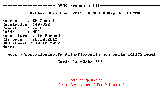 NFO for the release Arthur.Christmas.2011.FRENCH.BDRip.XviD-AYMO by AYMO